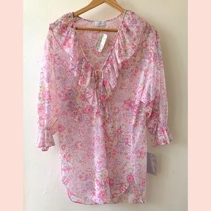 Vintage 1970s DEADSTOCK Indulgence Sheer Pink Floral Flounce Ruffle Blouse